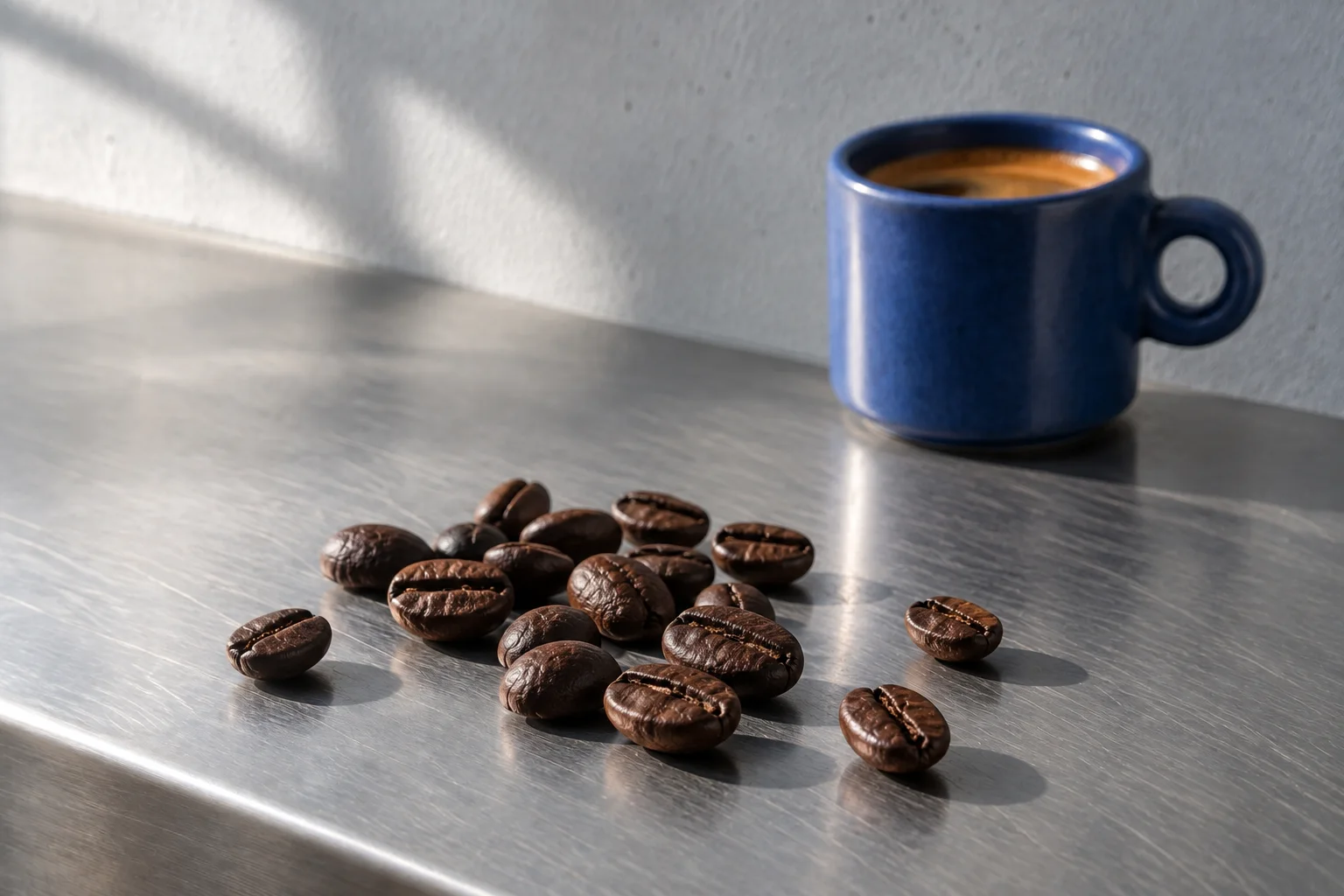 Roasted coffee beans on the steel counter, with the same cobalt cup behind them.